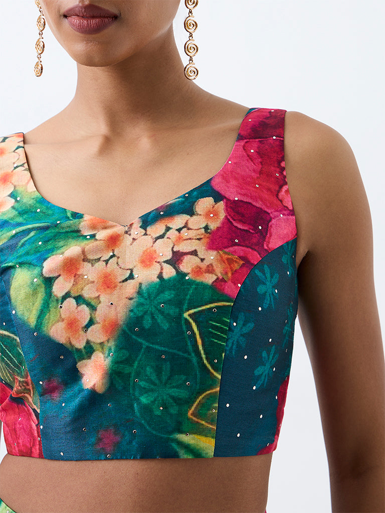Vark Dark Teal Floral Printed Crop Top