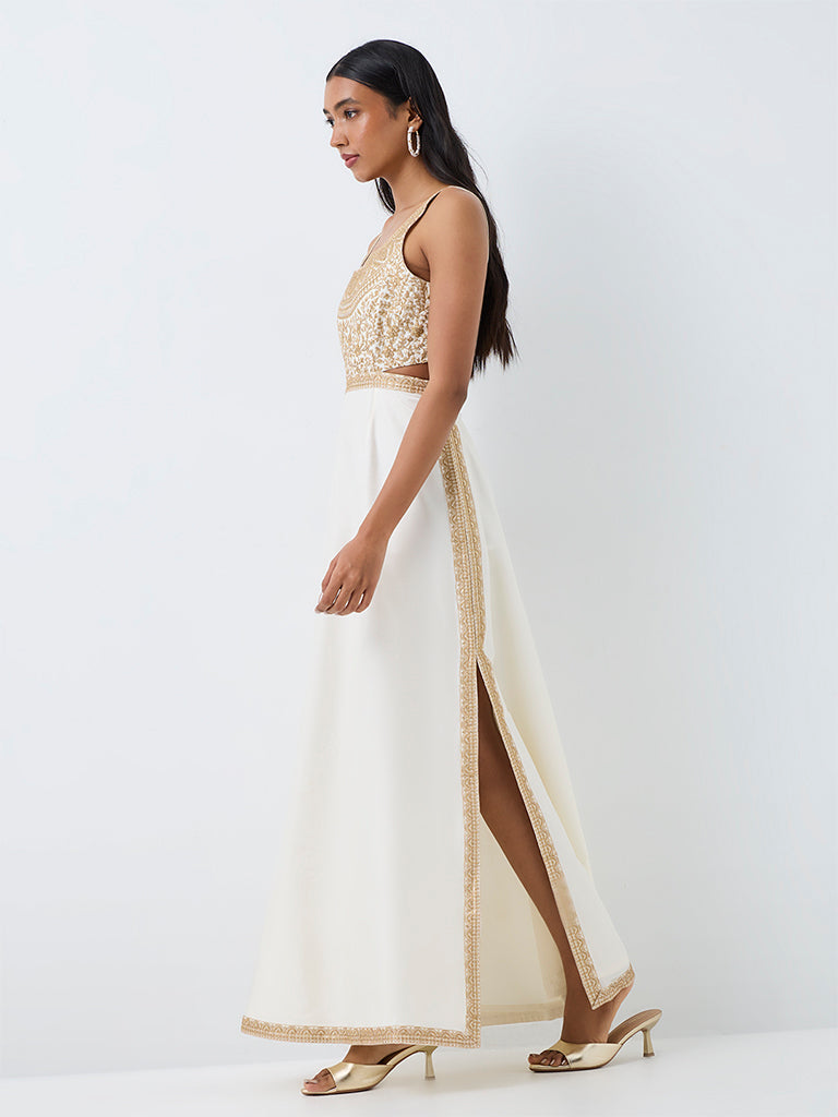 Vark Off-White Floral Embroidered Cut-Out Maxi Dress