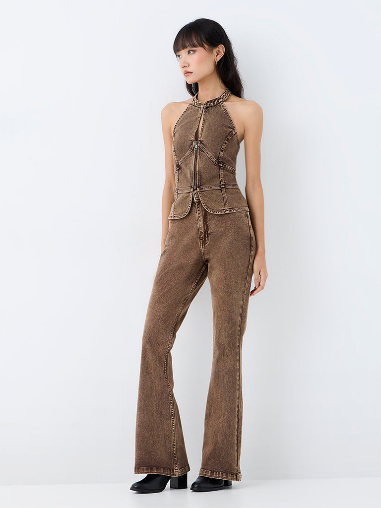 Nuon Brown Washed High-Rise Bootcut Jeans