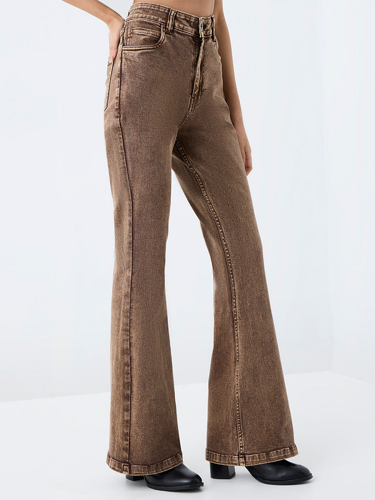 Nuon Brown Washed High-Rise Bootcut Jeans