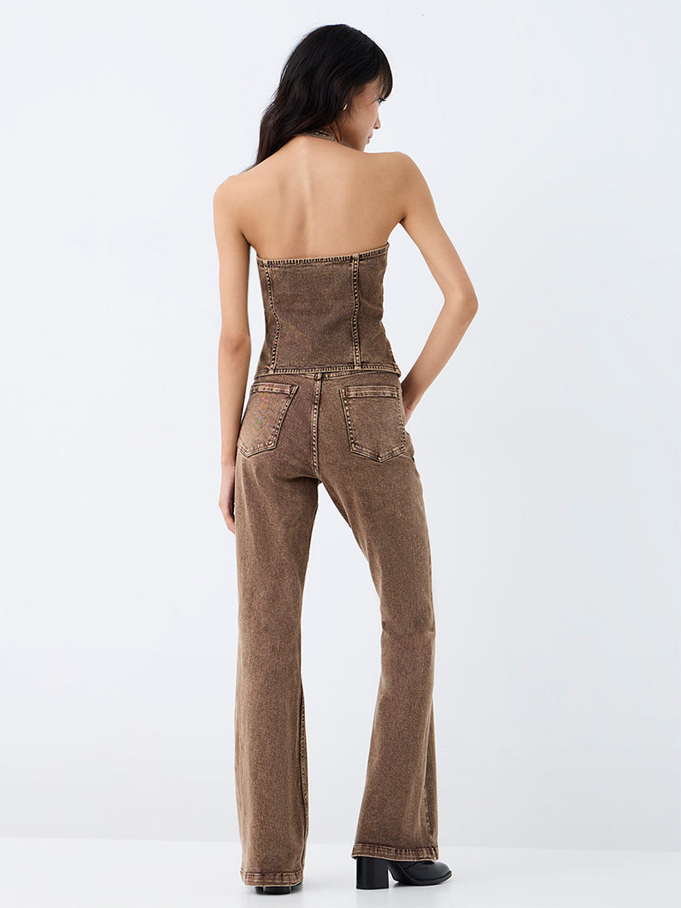 Nuon Brown Washed High-Rise Bootcut Jeans