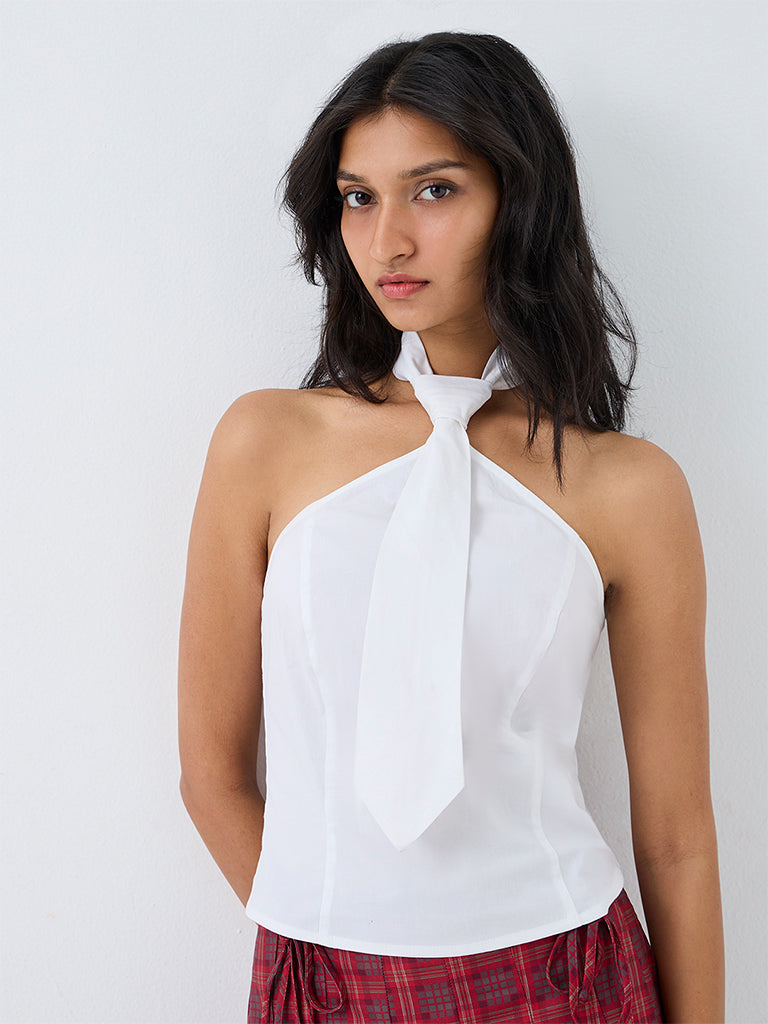Nuon White Tie Design Halter-Neck Top