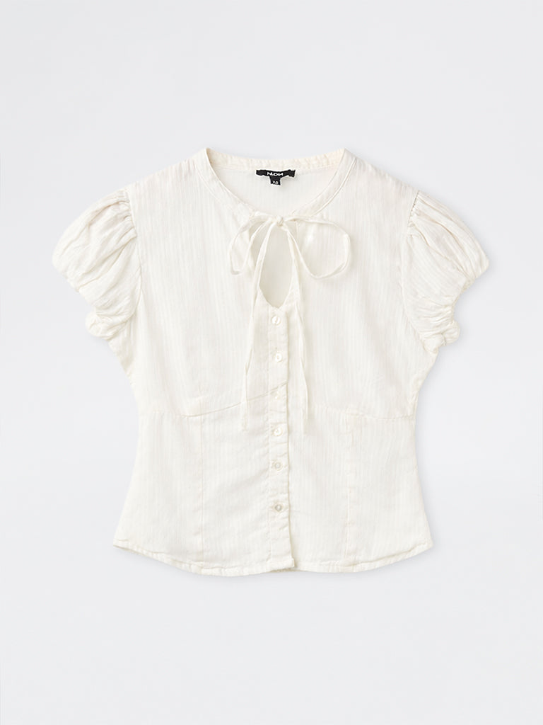 Nuon Off-White Self-Striped Cotton Blouse
