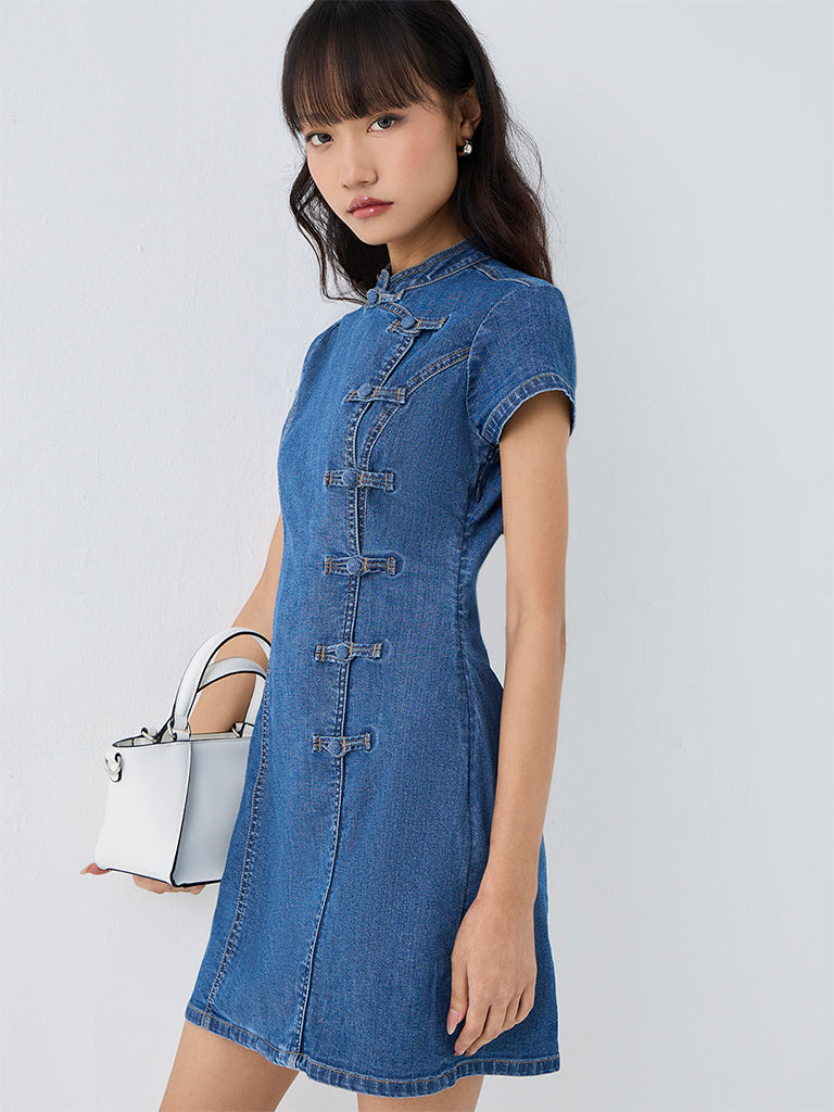 Nuon Blue Straight Denim Dress with Frong Fastening