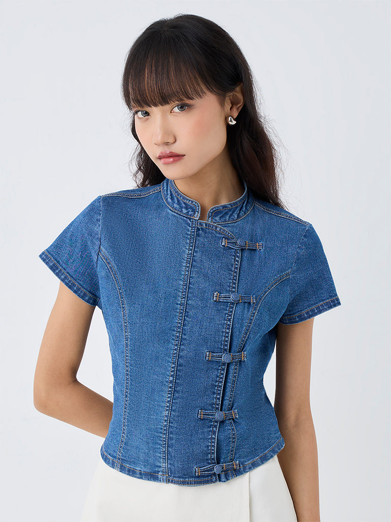 Nuon Blue Denim Top with Frong Fastening