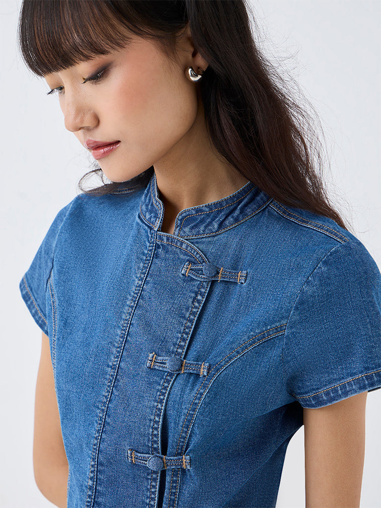 Nuon Blue Denim Top with Frong Fastening