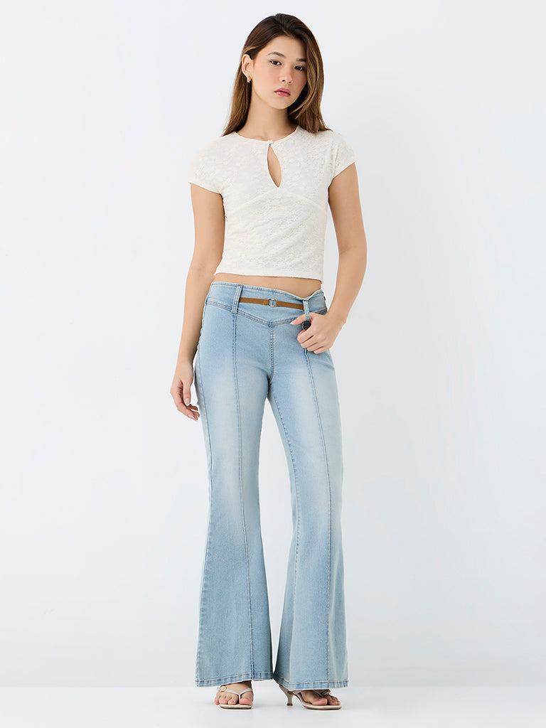 Nuon Light Blue Buckle-Detail High-Rise Flared Jeans