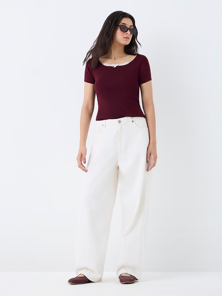 Nuon Burgundy Lace-Detail Ribbed Top