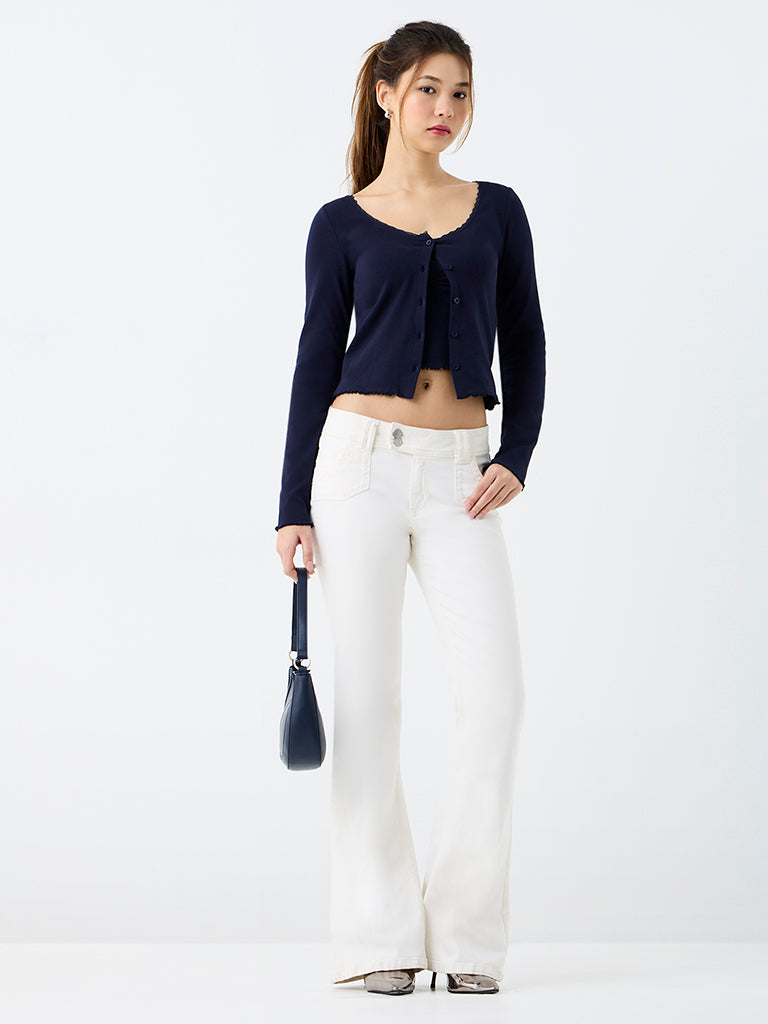 Nuon Navy Lace-Detailed Cotton Top with Cardigan