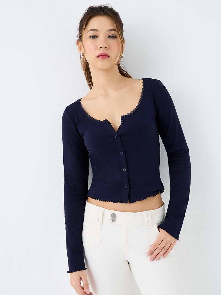 Nuon Navy Lace-Detailed Cotton Top with Cardigan