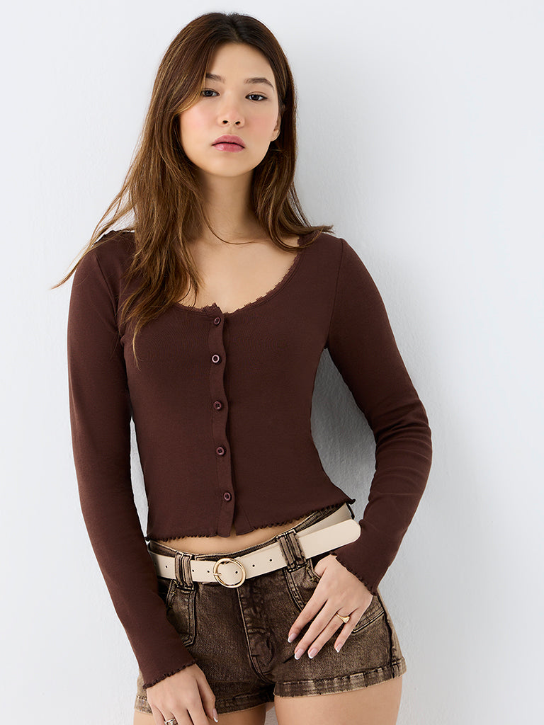 Nuon Dark Brown Lace-Detailed Cotton Top with Cardigan