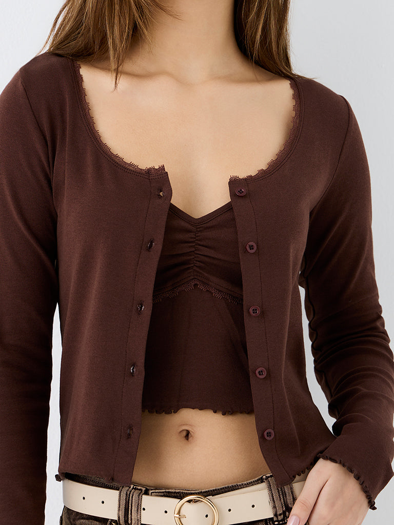 Nuon Dark Brown Lace-Detailed Cotton Top with Cardigan