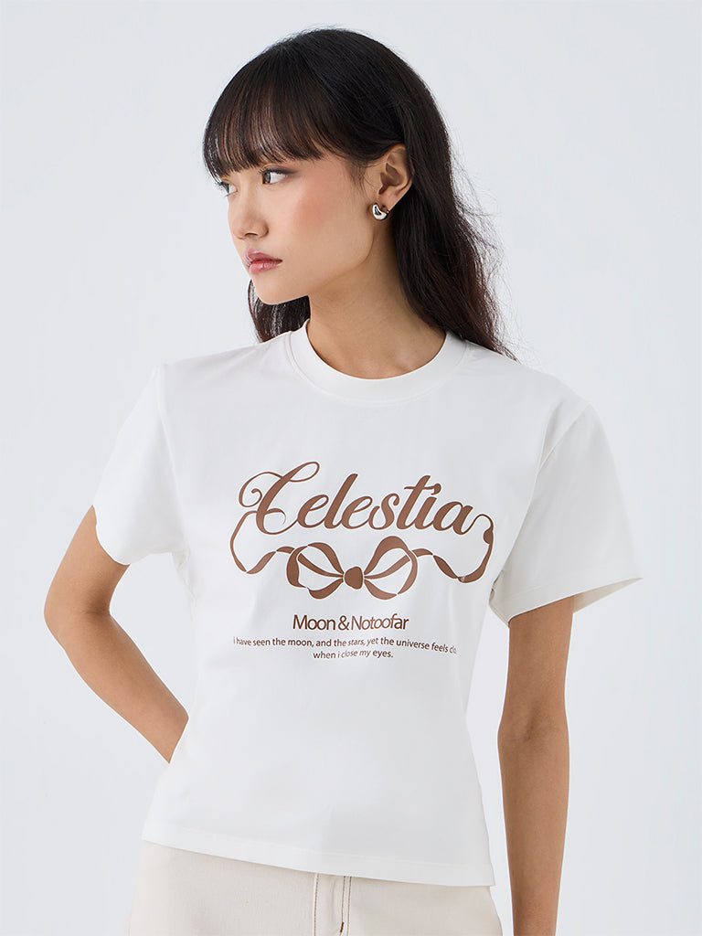 Nuon White Typographic Cotton T-Shirt