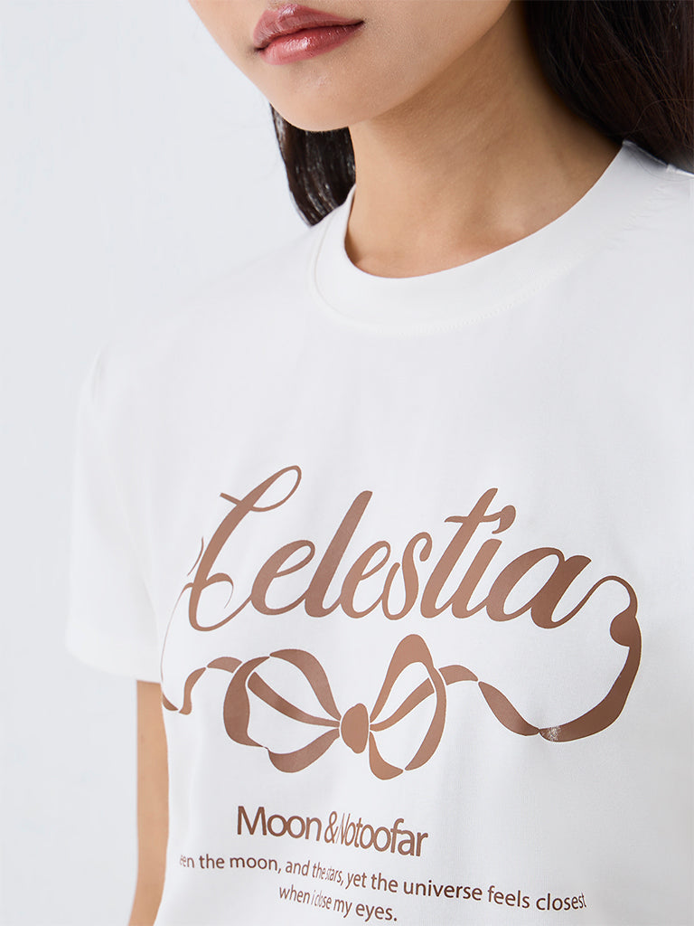 Nuon White Typographic Cotton T-Shirt