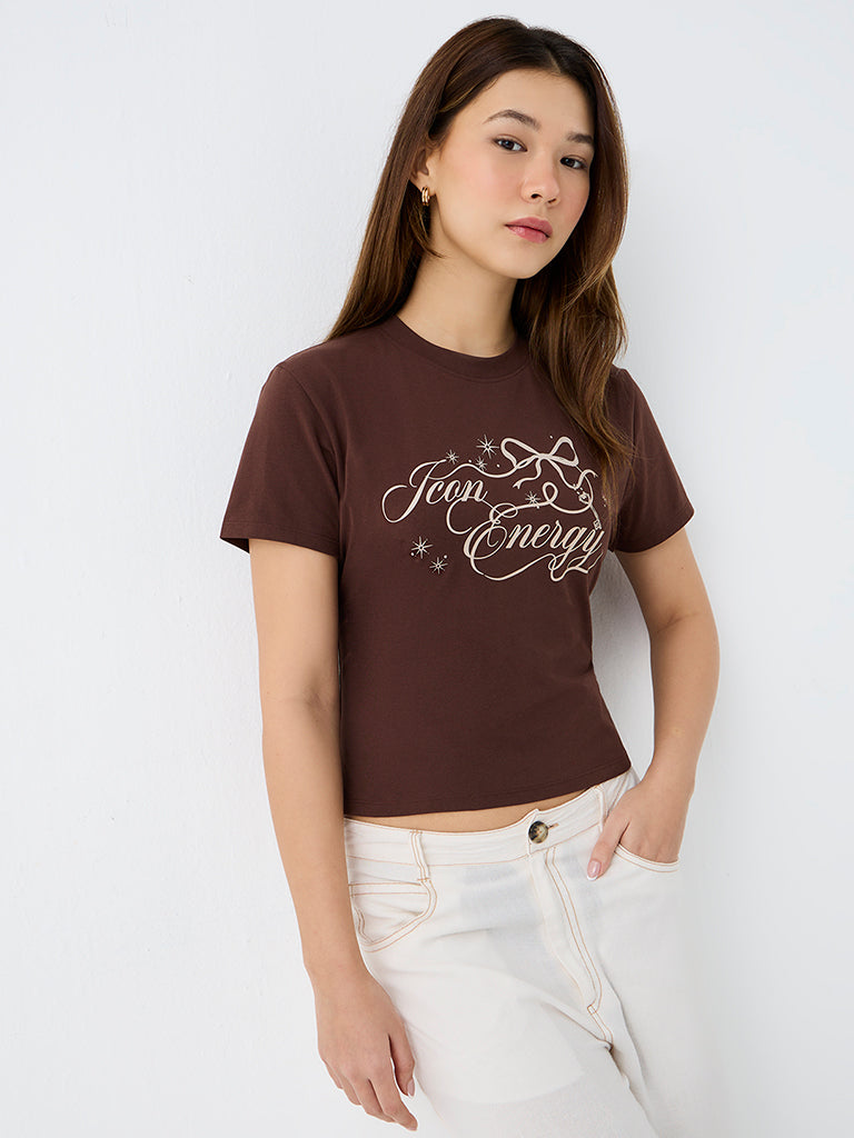Nuon Dark Brown Text Printed Cotton T-Shirt