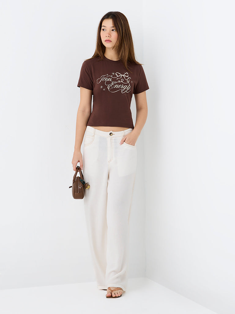 Nuon Dark Brown Text Printed Cotton T-Shirt