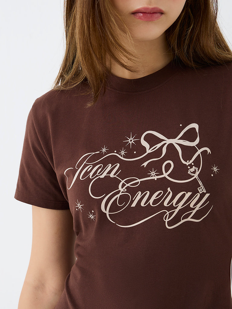 Nuon Dark Brown Text Printed Cotton T-Shirt