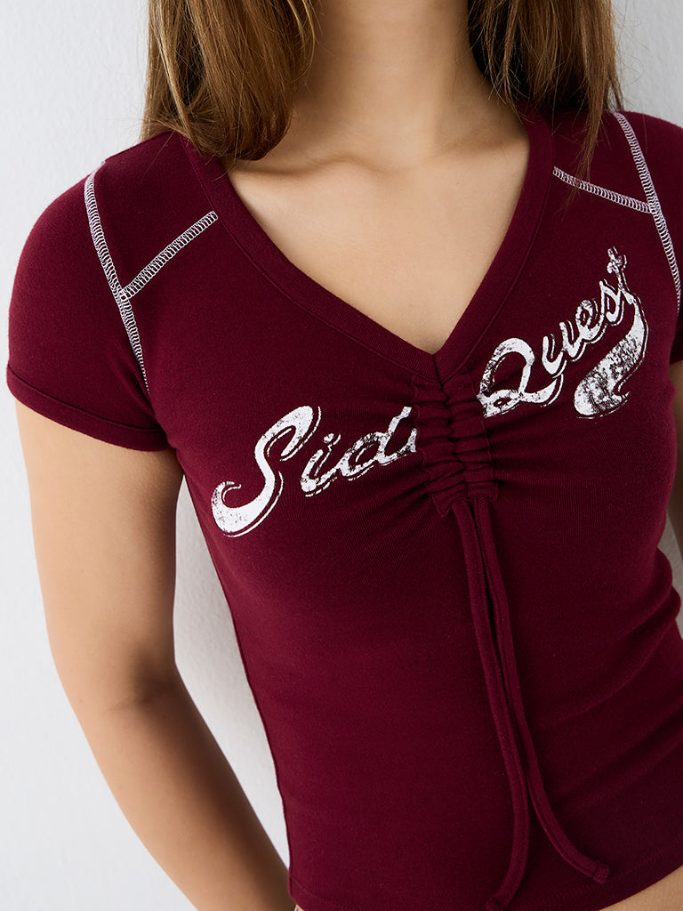 Nuon Burgundy Ruched Cotton-Blend T-Shirt