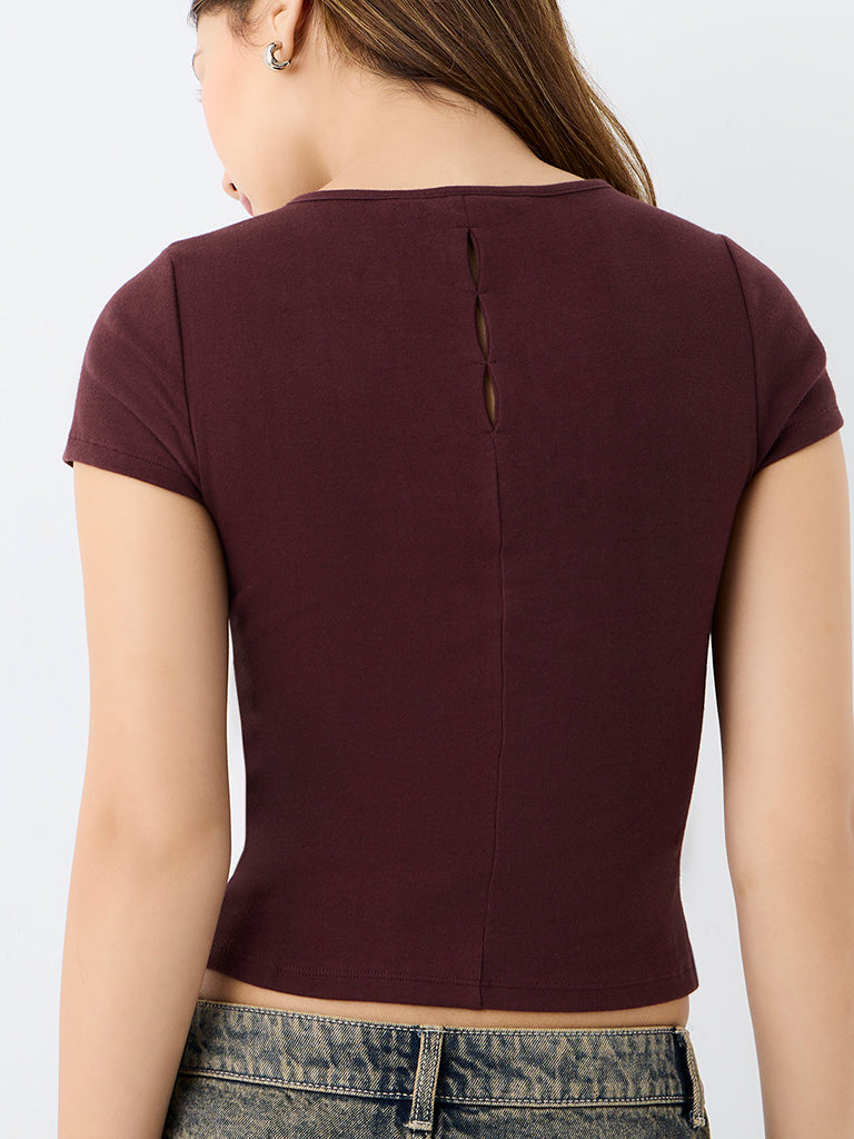 Nuon Brown Tie-Up Detail Keyhole Cotton Top