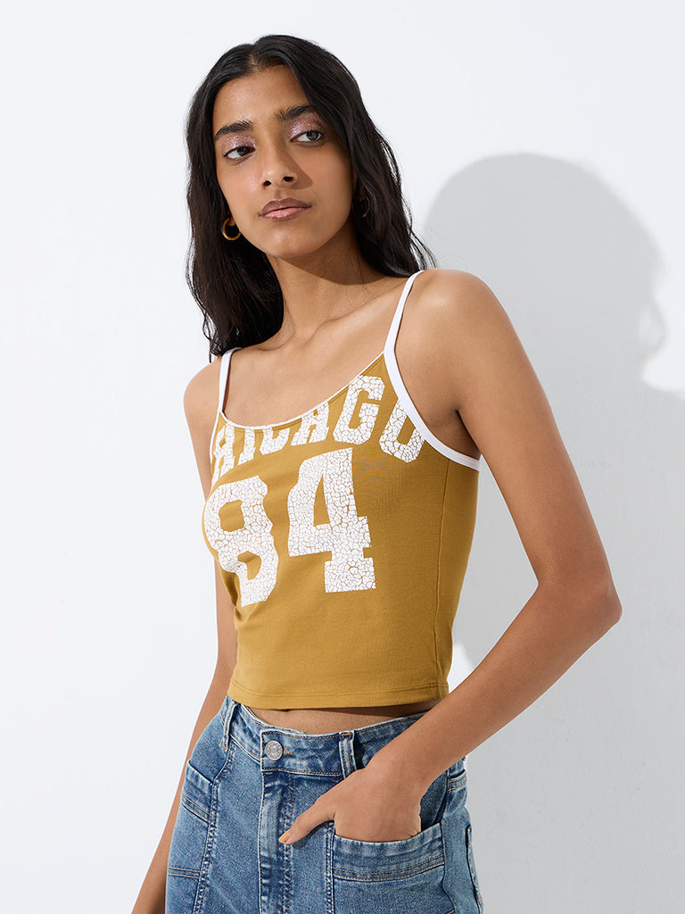 Nuon Mustard Printed Cotton Top