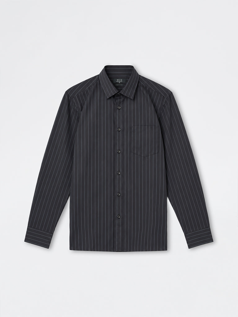 WES Formals Black Pinstriped Slim-Fit Cotton Shirt