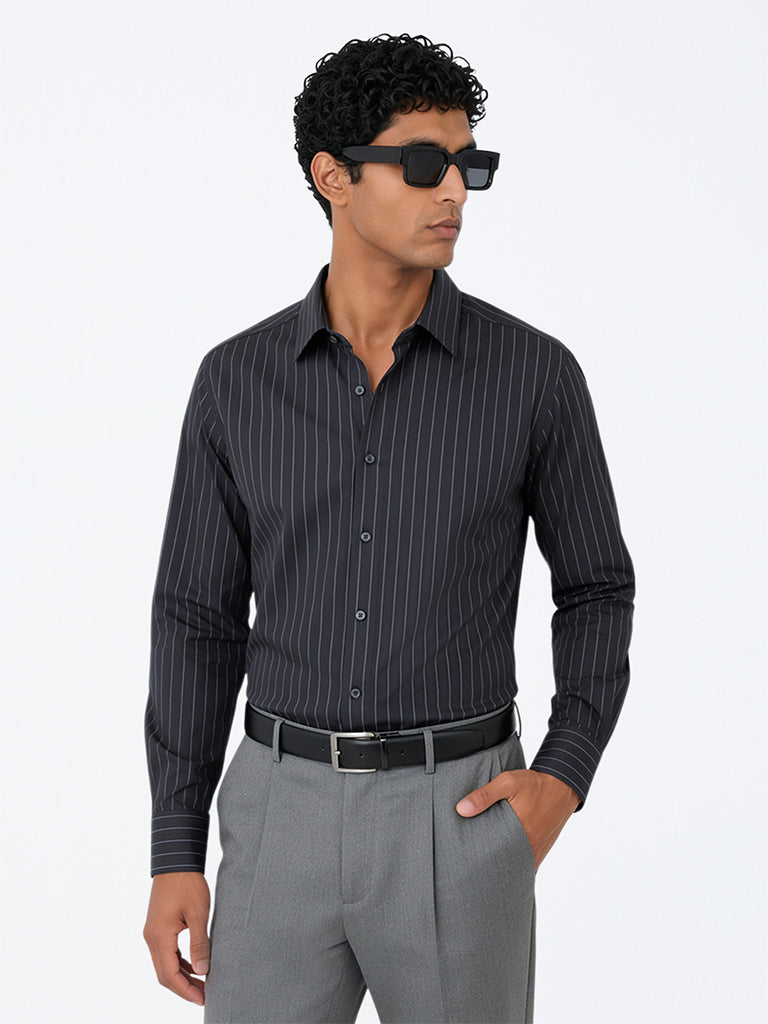 WES Formals Black Pinstriped Slim-Fit Cotton Shirt