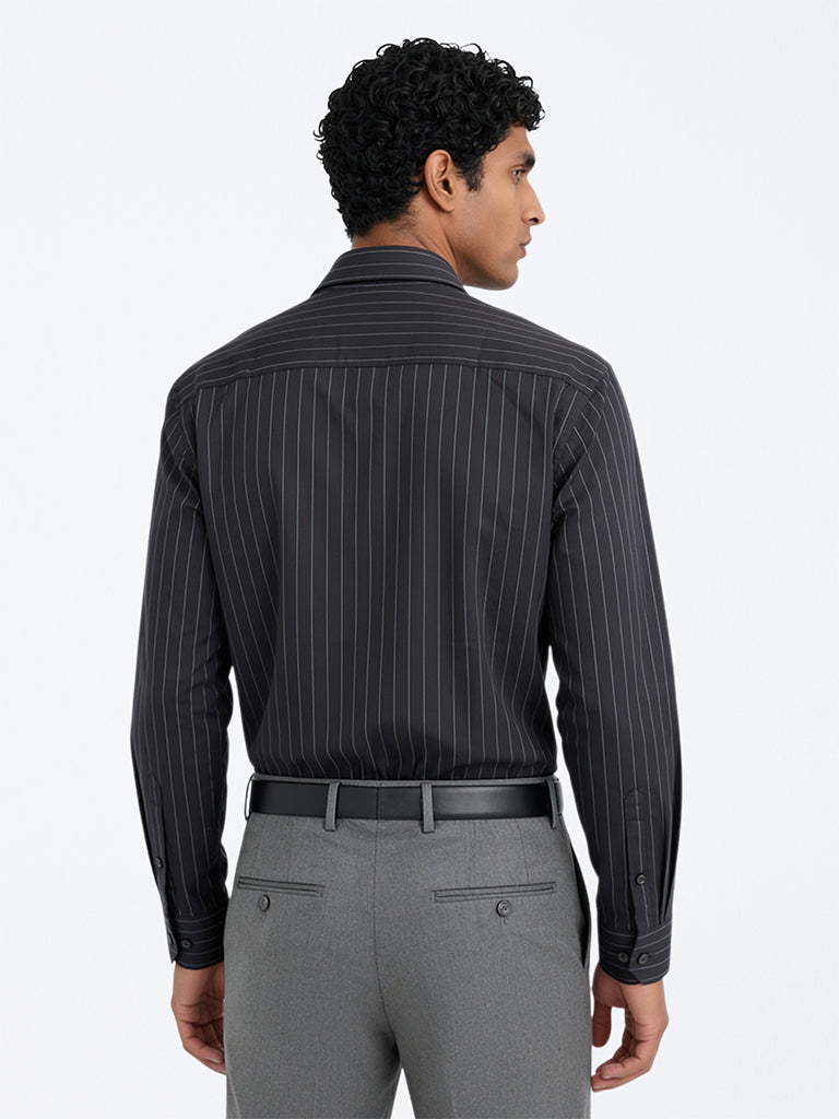 WES Formals Black Pinstriped Slim-Fit Cotton Shirt