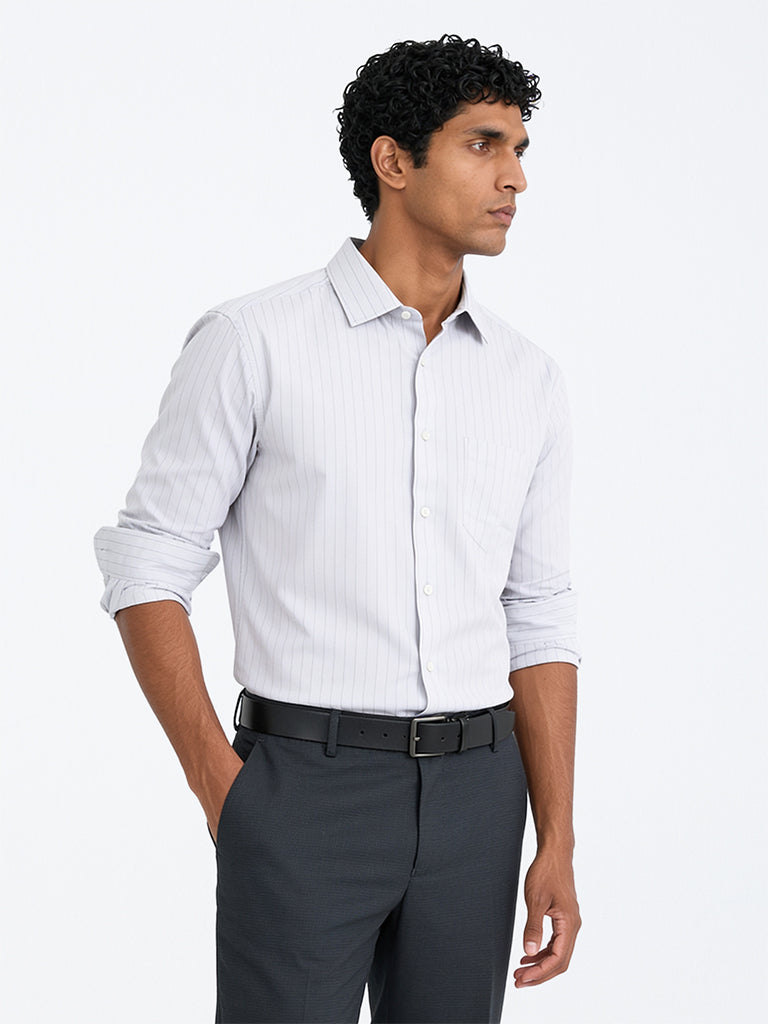 WES Formals Grey Pinstriped Relaxed-Fit Cotton Shirt