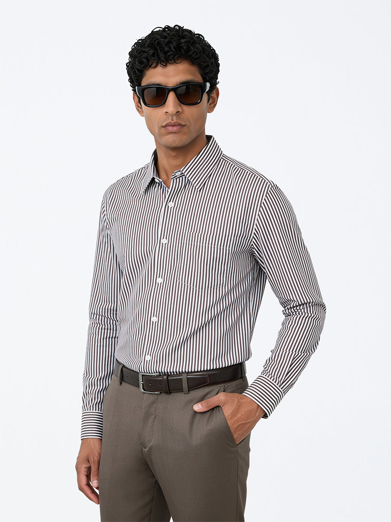 WES Formals Dark Brown Striped Slim-Fit Cotton Shirt