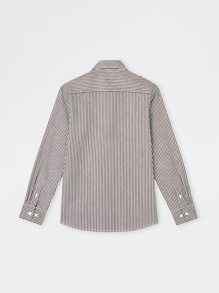 WES Formals Dark Brown Striped Slim-Fit Cotton Shirt