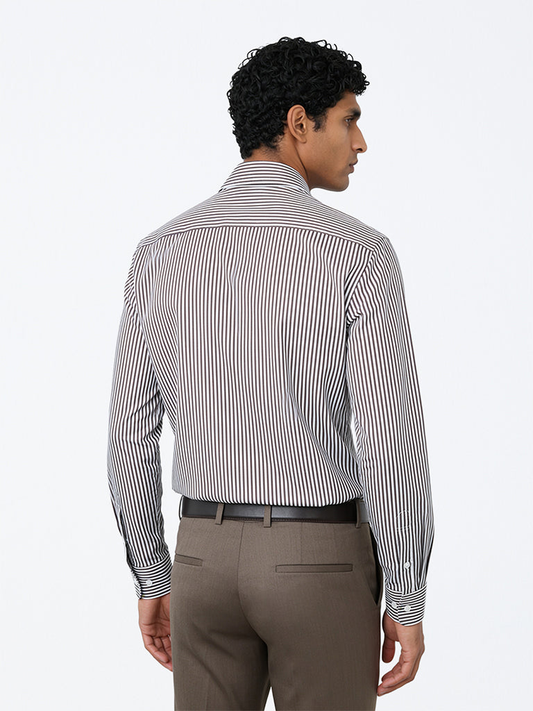 WES Formals Dark Brown Striped Slim-Fit Cotton Shirt