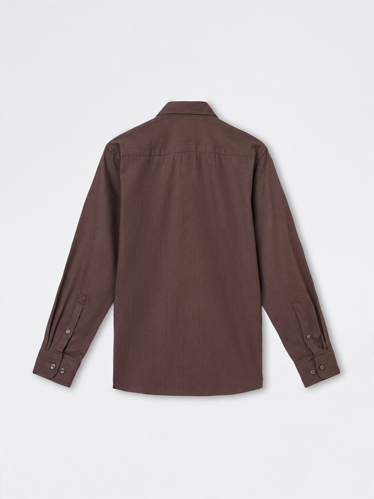 WES Formals Brown Solid Slim-Fit Cotton Shirt