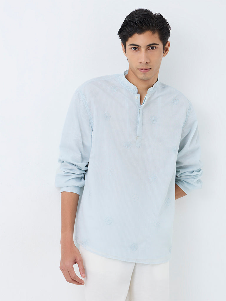 Kala by ETA Light Blue Floral Embroidered Relaxed-Fit Cotton-Blend Kurta