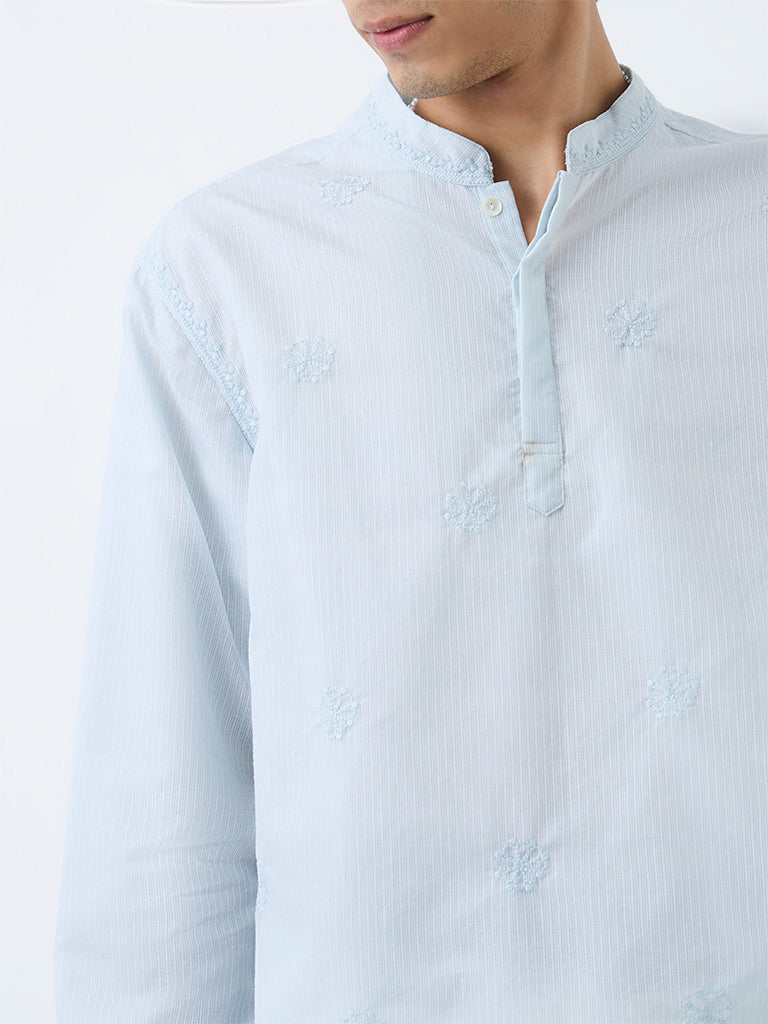Kala by ETA Light Blue Floral Embroidered Relaxed-Fit Cotton-Blend Kurta