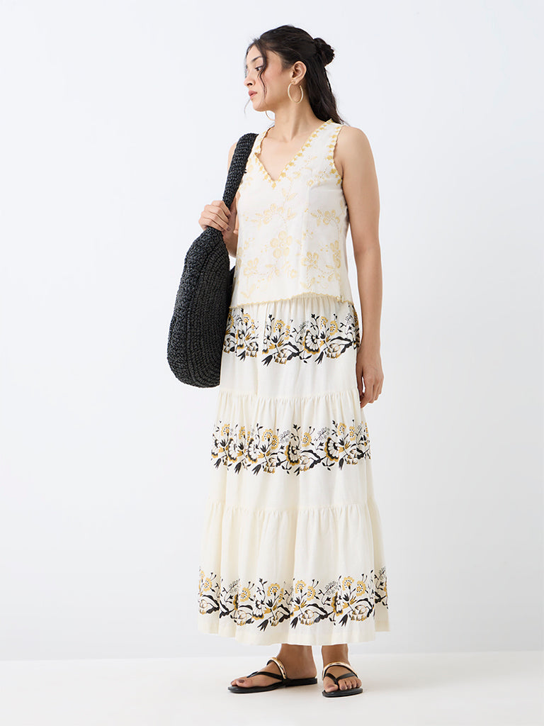 Bombay Paisley Off-White Floral Printed High-Rise Tiered Cotton Skirt
