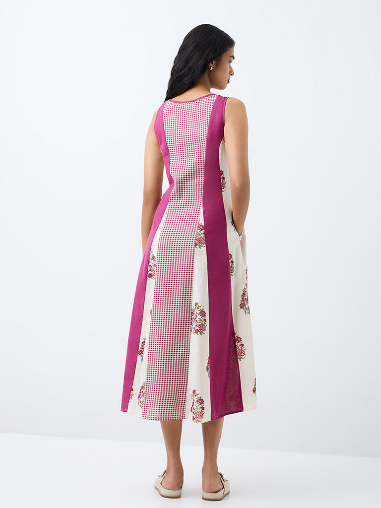 Bombay Paisley Fuchsia Colour-Blocked Printed Cotton-Blend  A-Line Dress
