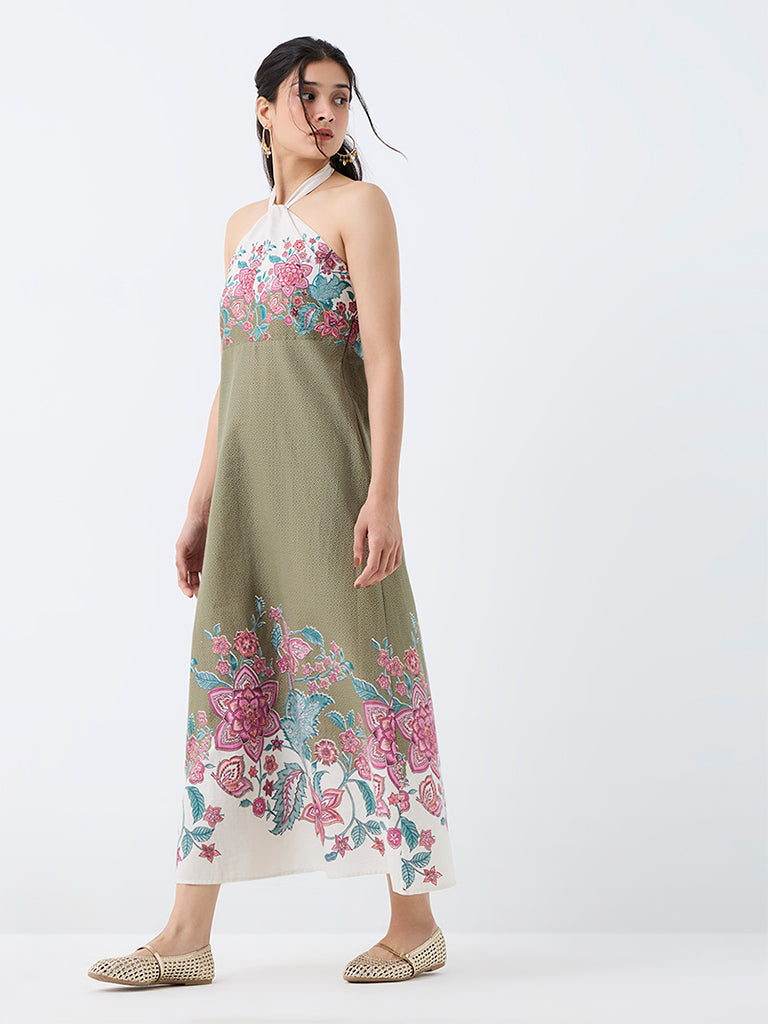 Bombay Paisley Sage Floral Printed Cotton A-Line Dress