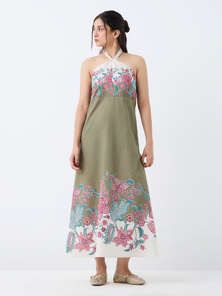 Bombay Paisley Sage Floral Printed Cotton A-Line Dress