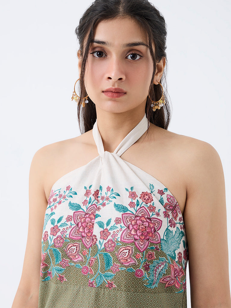 Bombay Paisley Sage Floral Printed Cotton A-Line Dress