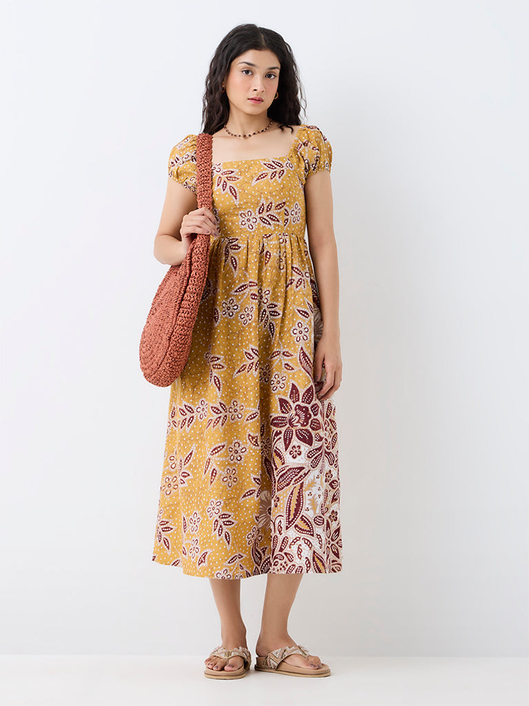 Bombay Paisley Mustard Floral Printed Cotton Fit-and-Flare Dress