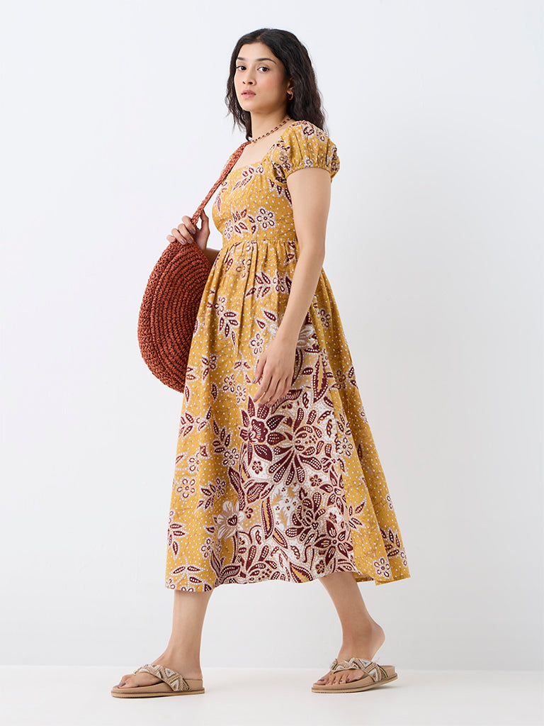 Bombay Paisley Mustard Floral Printed Cotton Fit-and-Flare Dress