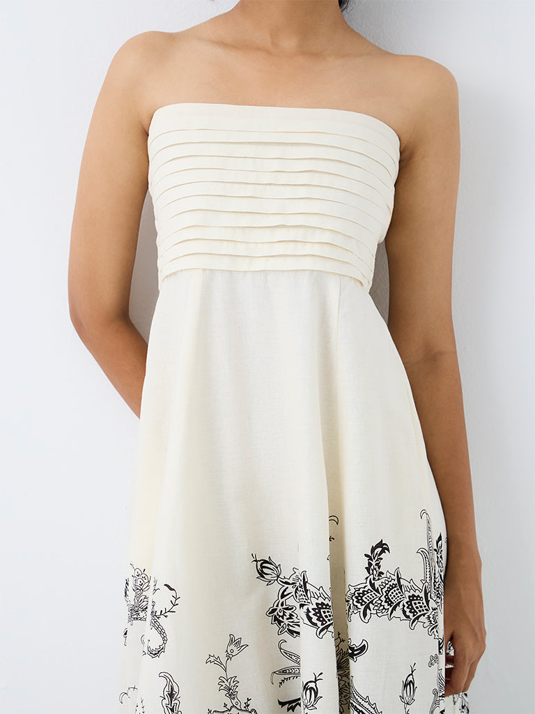 Bombay Paisley Off-White Floral Printed Cotton-Blend Tube Dress