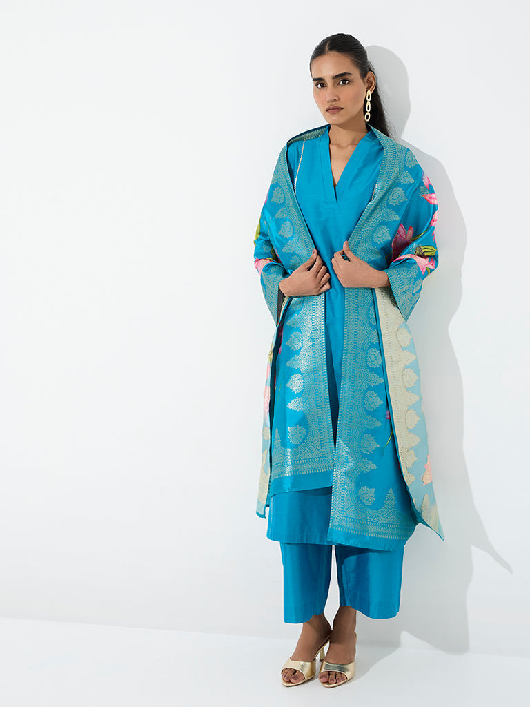Vark Blue Piping-Detail A-Line Ethnic Set
