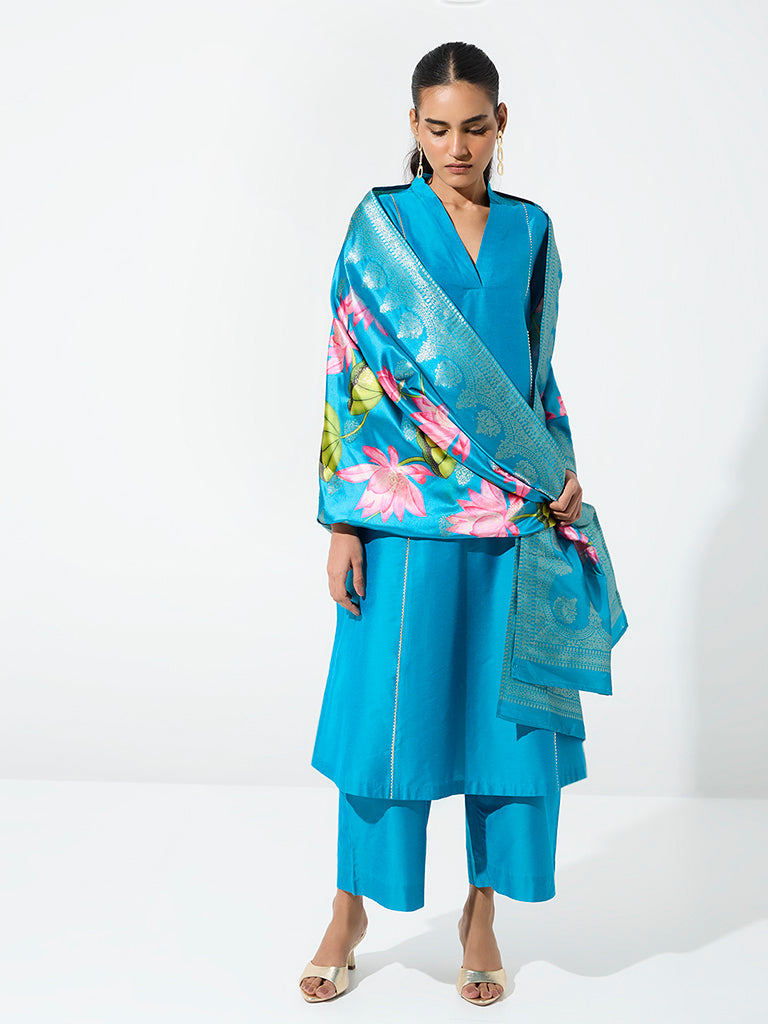 Vark Blue Piping-Detail A-Line Ethnic Set