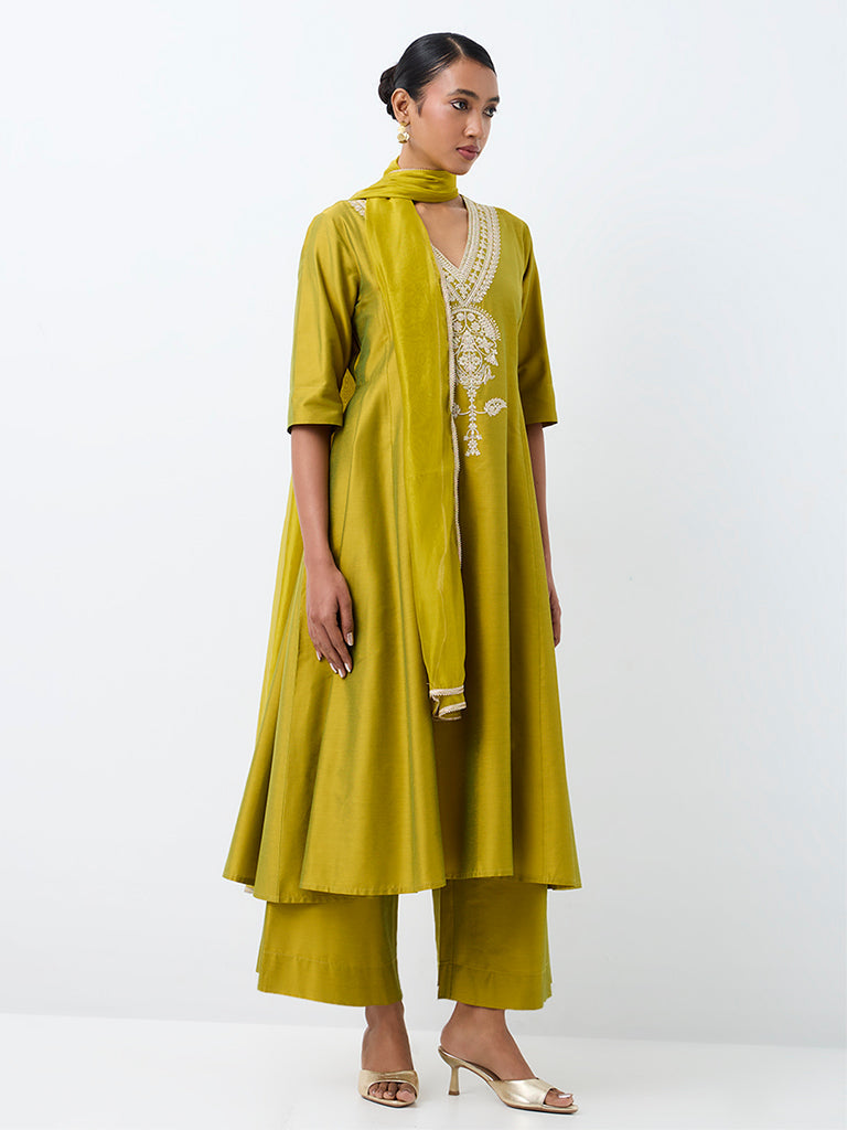 Vark Lime Floral Embroidered Flared Ethnic Set