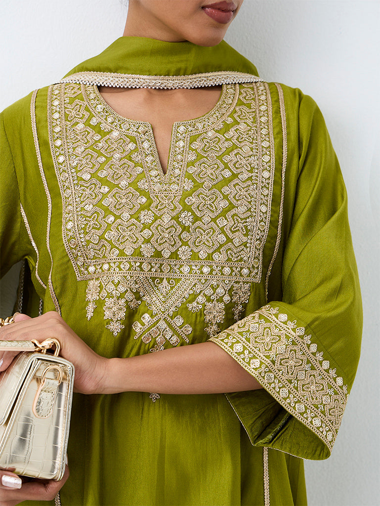 Vark Olive Zari Embroidered Flared Ethnic Set