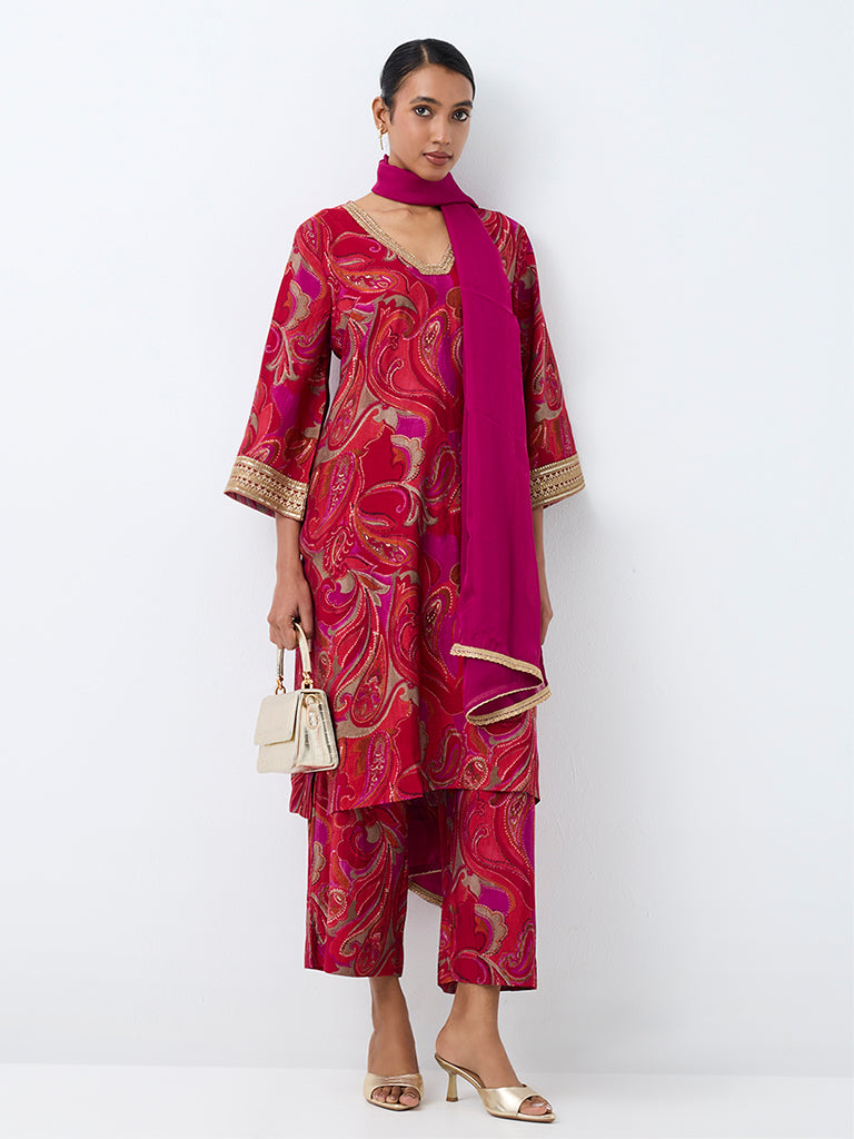 Vark Fuchsia Paisley Printed Straight Ethnic Set