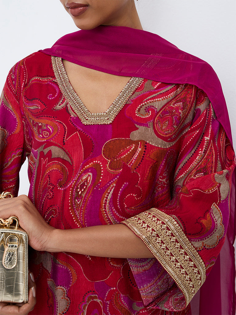 Vark Fuchsia Paisley Printed Straight Ethnic Set