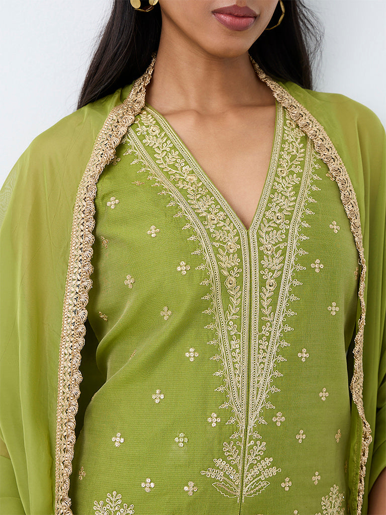 Vark Green Floral Embroidered Cotton-Blend Tunic Ethnic Set