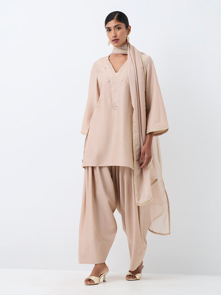 Vark Beige Embellished A-Line Ethnic Set